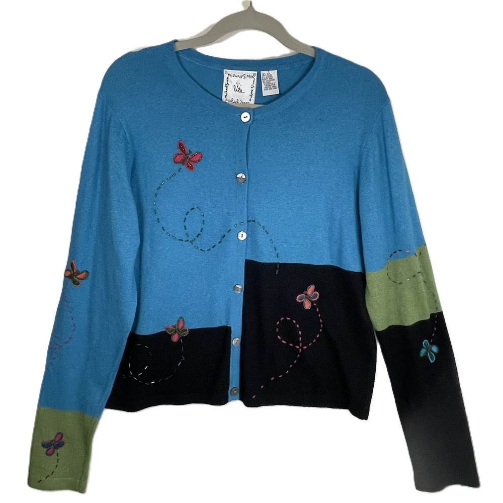 Michael Simon Lite Blue Silk Blend Beaded‎ Butterfly Colorblock Cardigan Large